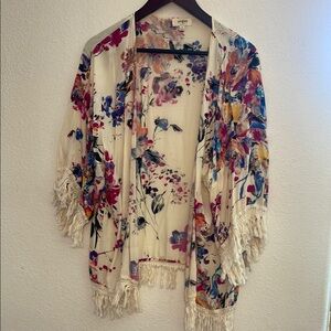 Umgee Cream Kimono with Fringe Accents